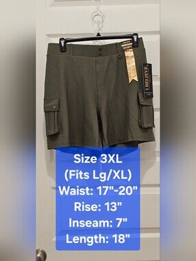 NWT I Believe Olive Green Neoprene Cargo Shorts Plus Size 3XL (Fits L/XL)